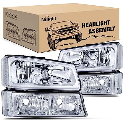 Nilight Headlight Assembly for 2003 2004 2005 2006 Chevy Silverado Avalanche 1500 1500HD 2500 2500HD 3500 Chevrolet Pickup Replacement Headlamp Housing Bumper Lamp Set - color: Chrome Housing + Clear Reflector