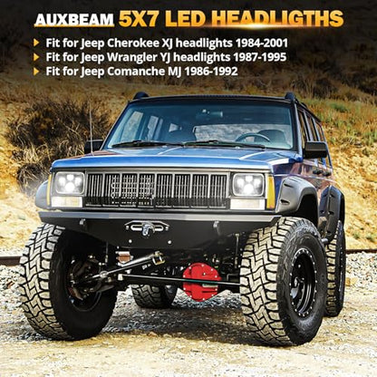 Auxbeam 8000LM 5x7 7x6 LED Headlights For Jeep XJ Cherokee Wrangler, Black - color: Black