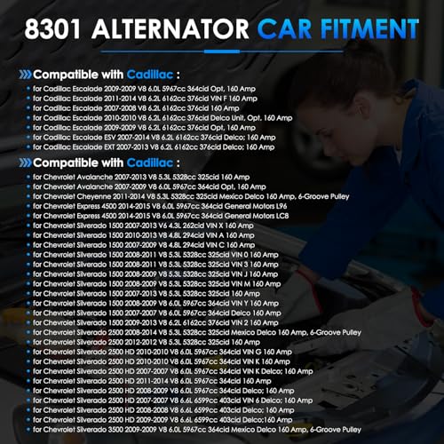 8301 Car Alternators Fit for GMC Yukon Sierra, for Chevy Tahoe Suburban Silverado 1500/2500 Avalanche, for Cadillac Escalade Automotive Replacement Alternator 15093928 15905871 ADR0369 - size: #8301 Alternator