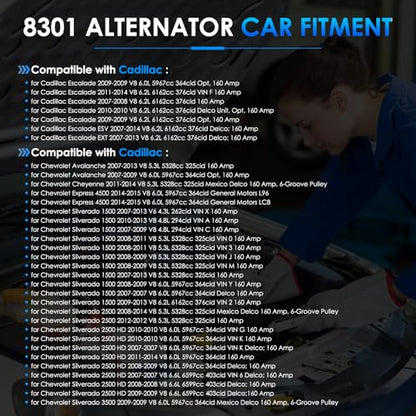 8301 Car Alternators Fit for GMC Yukon Sierra, for Chevy Tahoe Suburban Silverado 1500/2500 Avalanche, for Cadillac Escalade Automotive Replacement Alternator 15093928 15905871 ADR0369 - size: #8301 Alternator