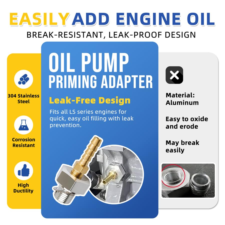 LS Oil Priming Tool Kit, Oil Pump Primer Tool with M16x1.5 LS Oil Pressure Adapter and 1/8 NPT Hose Barb Brass Fitting, Pre Oiler Tool for GM LS Engine LS1 LS3 LSX 4.8 5.3 6.0 6.2