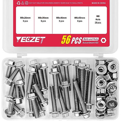56PCS M8 Stainless Steel 304 Flanged Hex Head Bolts and Nuts kit 20mm 30mm 40mm 50mm - color: 56PCS M8 Bolts and Nuts Kit