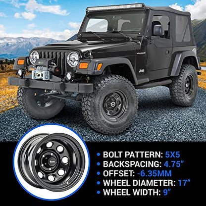 TACTIK Circle 8 Classic 17 Inch Solid Steel Wheel - 5x5 Bolt Pattern, 17x9 (-6.35mm Offset), 4.75 Inch Backspace - Satin Black Finish - Fits Jeep 2007-2022 Wrangler JK, JKU, JL, JLU & Gladiator JT