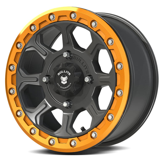 Bullite Wheels BT-03 Ruler UTV ATV Wheel Gunmetal Gray Rims and Orange Beadlock 15x7, 4x156 Bolt Pattern, 5+2 Offset, Compatible with Polaris RZR 1000 XP/Ranger XP 900/1000 - color: Gunmetal Gray Rim and Orange Beadlock, size: 15x7, 5+2 Offset, 4x156 Bolt