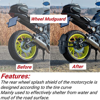 Qiilu Motorcycle Rear Mudguard, Black ABS & Stainless Steel, Universal Fit for Convex Rear Flat Fork 12-18inch Tires