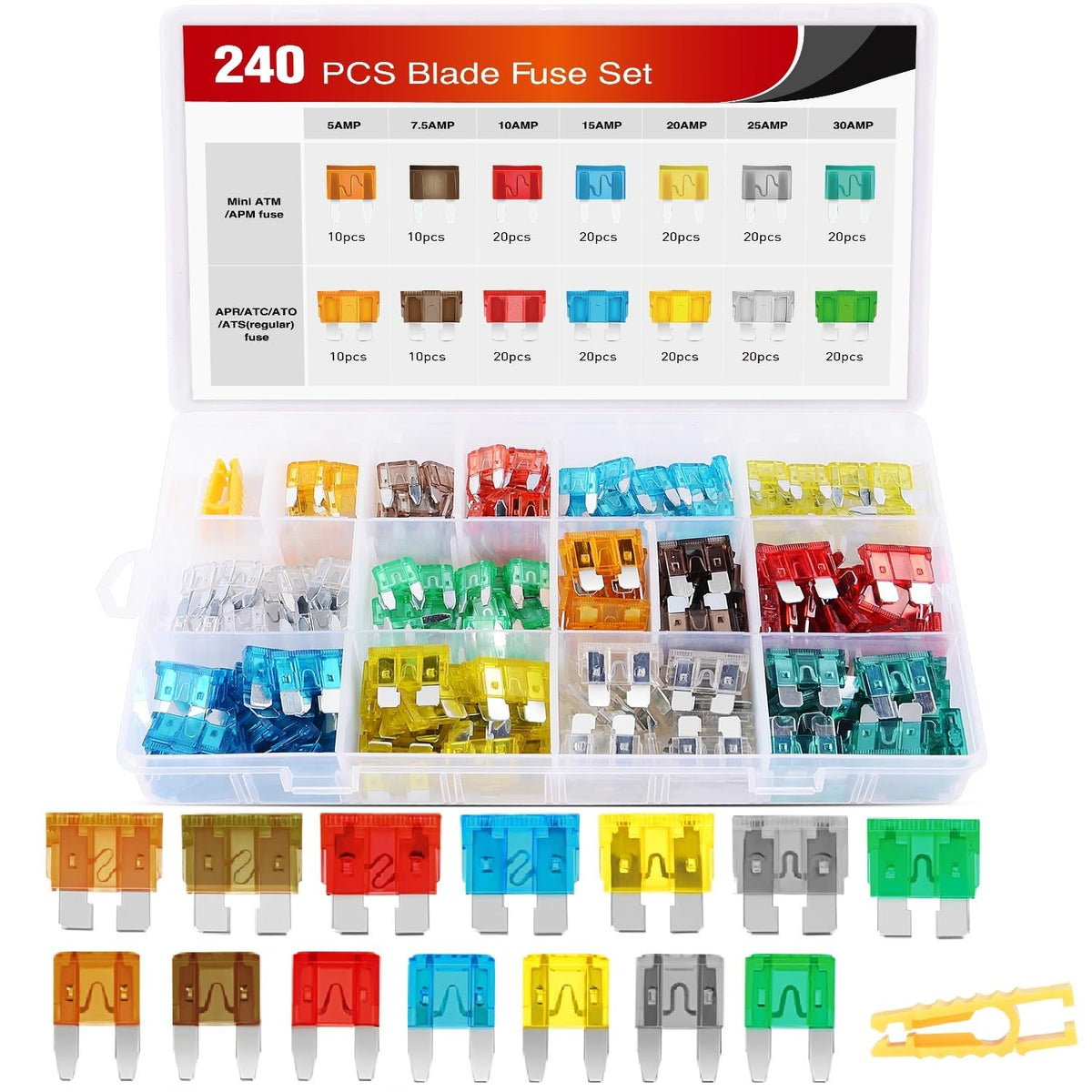 Nilight - 50018R 240pcs Standard and Mini Blade Fuses Set,5A 7.5A 10A 15A 20A 25A 30A ATC APR ATO ATS Standard and ATM APM Mini Automotive Blade Fuse Assortment Kit, Black/Sliver/Pink/Green - color: 240PCS Blade Fuses