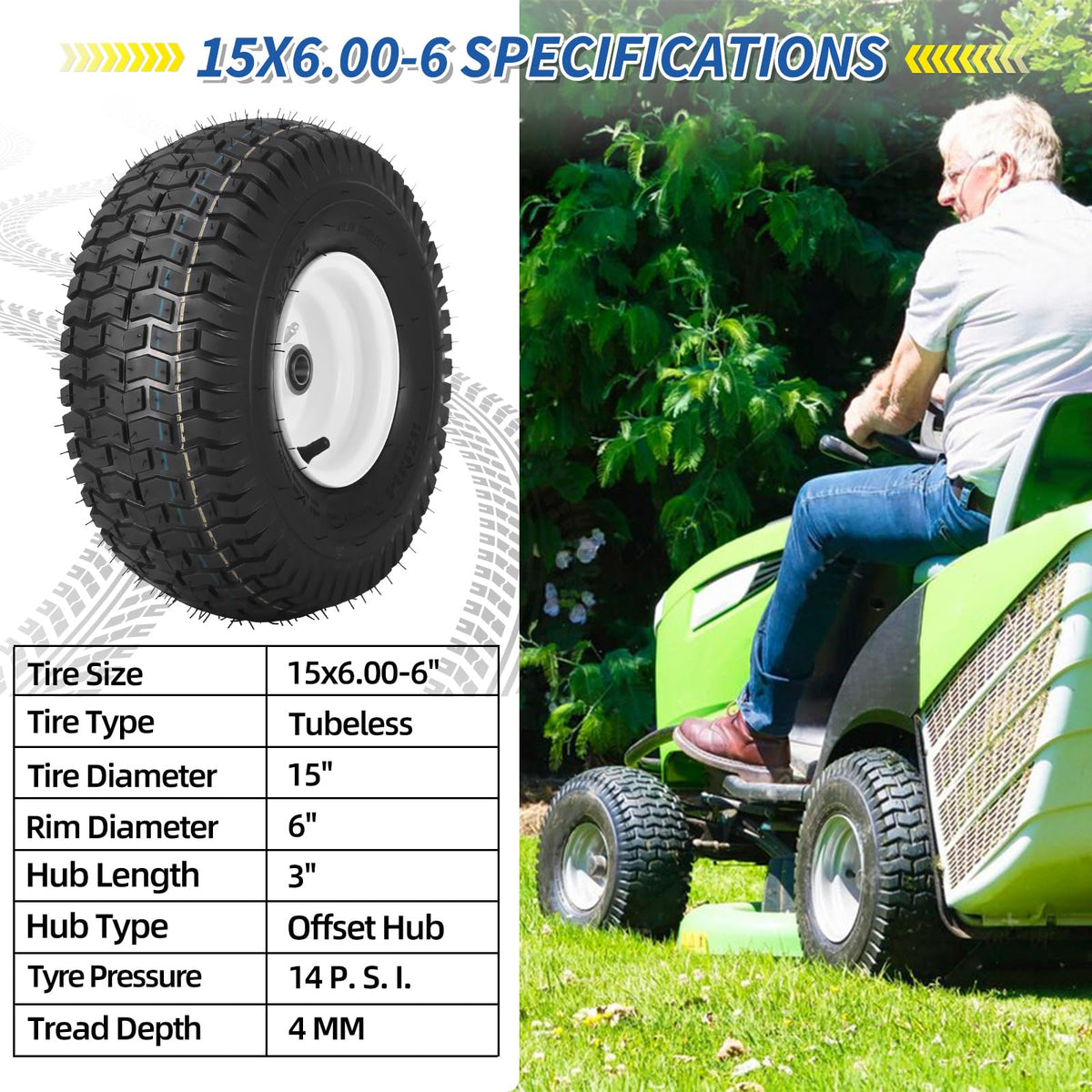 GICOOL (2 Pack) 15x6.00-6 Tubeless Tire and Wheel, 3" Offset Hub, 3/4" Bearing, 4 Ply, 15x6-6 Lawn Mower Front Tires, Compatible with 100 and 300 Series John Deere Riding Mower, Lawn Tractor and More - size: 15x6.00-6 Tubeless (3" Offset Hub)